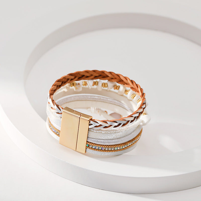 Wholesale Love Retro Hand-woven Leather Multi-layer Diamond-encrusted Ethnic Style Gravel Bracelet